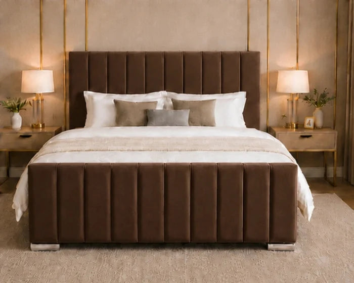 Brown Double Bed Frame – Panel Line Bed with