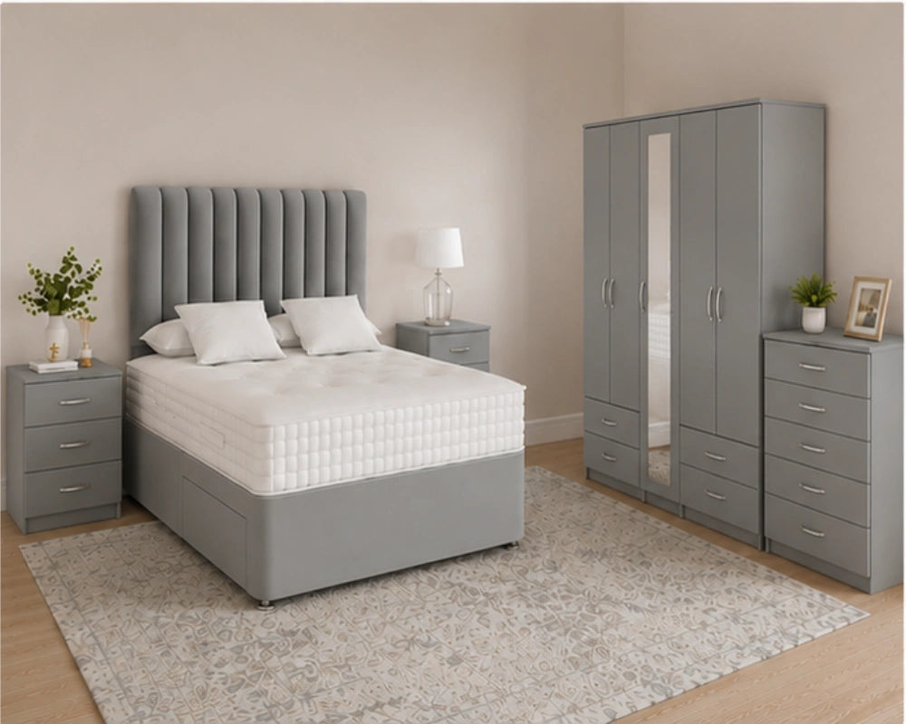Complete Luxury Bedroom Suite – King Size Bed with 5 Door Full Length Mirror Wardrobe, Chest of 5 Drawers & Two Bed Side Tables