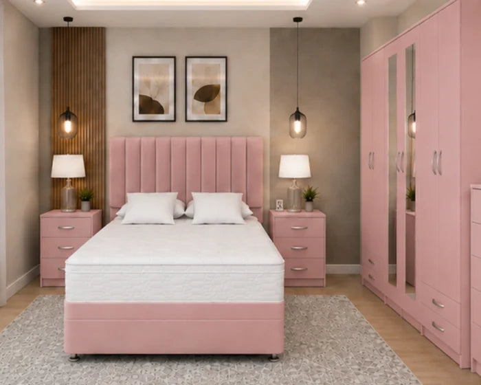 Double Storage King Size Bed Furniture Set – 6 Door Wardrobe with Mirrors – Five Drawer Chest – Two Bedside Units