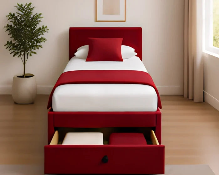 Bold Red Single Bed – Divan Base, Mattress & Storage Drawers-90x
