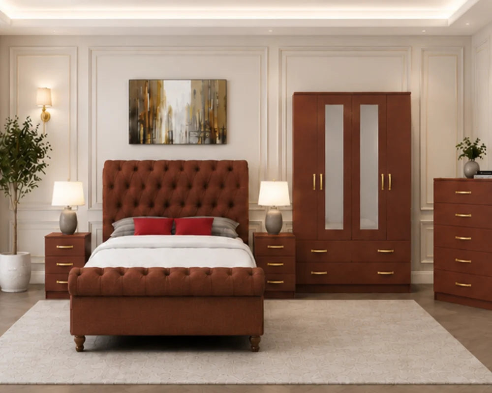 Contemporary King Bed Set – four Door Wardrobe With Four Drawer & 2 mirror – Chest of Five Drawers With Two Bed Side Table