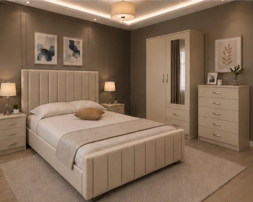 Complete King Size Bed Furniture Package – two Door Wardrobe With two Drawer – Chest of Five Drawers With Two Bed Side Table