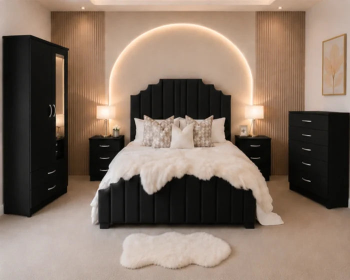 Complete King Size Bed Furniture Package – two Door Wardrobe With two Drawer – Chest of Five Drawers With Two Bed Side Table